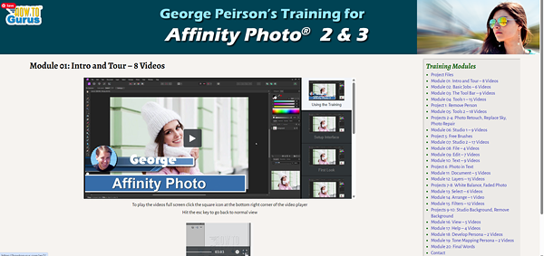 Screenshot of Module 1 in the Affinity Photo training course introducing beginners to the Affinity Photo workspace and tools.