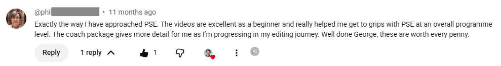 Screenshot of a customer review praising the quality of George Peirson's training courses.