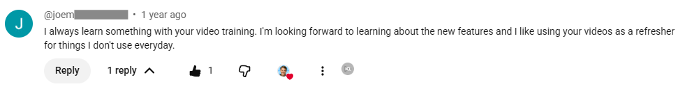 Screenshot of positive feedback from a student about the step-by-step course training.